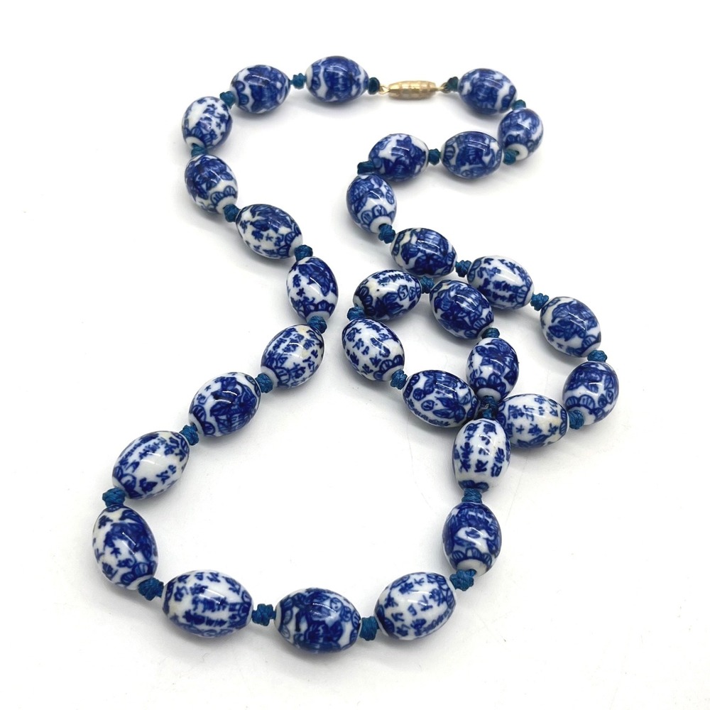 Vintage Blue White Chinoiserie Silk Knotted Porcelain Bead Necklace 24 Inch